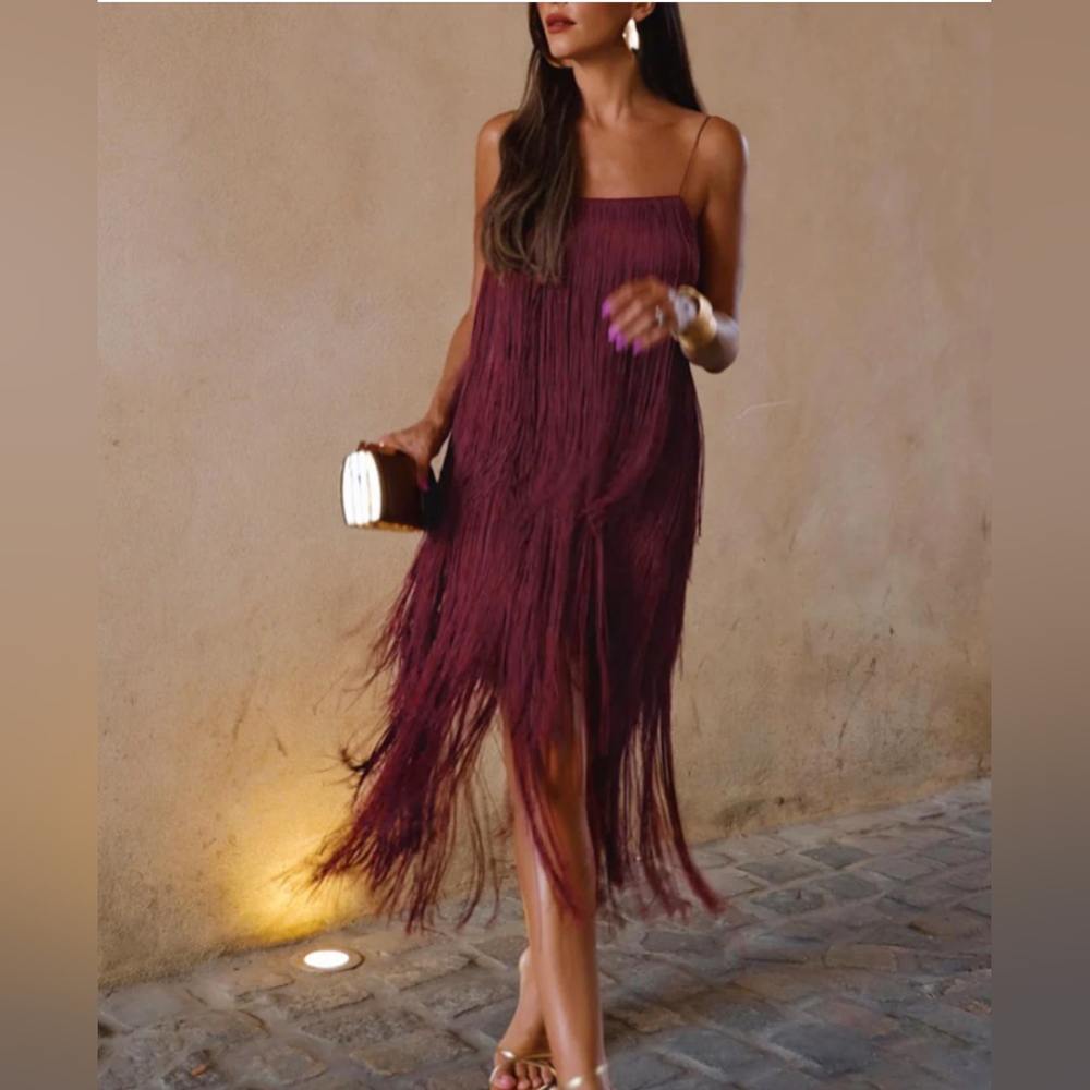 Maroon Fringe Party Dress